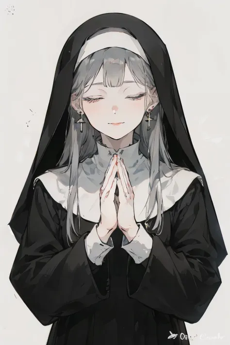 a 17-year-old saint style woman with gray hair, One Saint, 1 woman with long gray hair, Long hair, I have piercings on both ears , cross earrings, facing the front, sister clothes, standing picture in meadow, eyes are closed, closing her eyes and offering...
