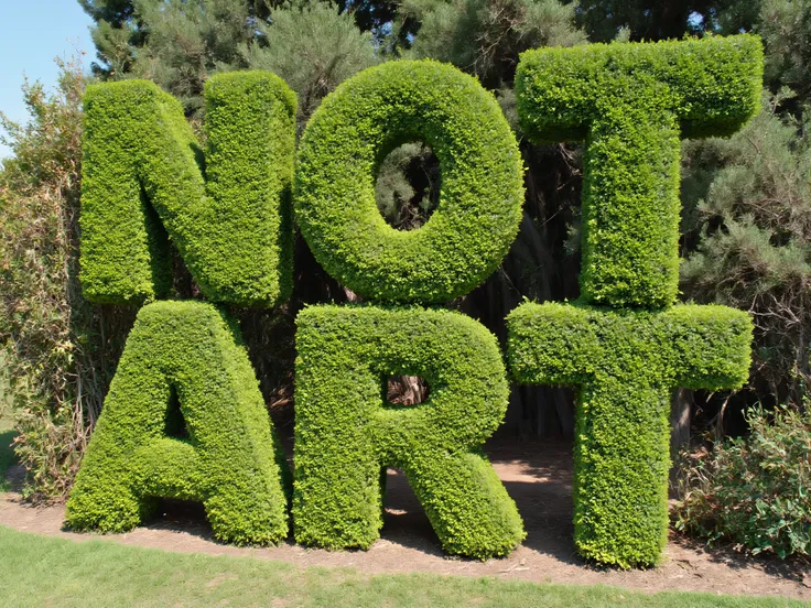 Meticulously manicured juniper bushes in the shape of the words "NOT ART," perfect spelling, icon style. Ultra-realistic, photo-realistic, cinematic photography, hyperrealistic, 3D rendered realism, UHDR, high-res, physically-based rendering, extreme atte...