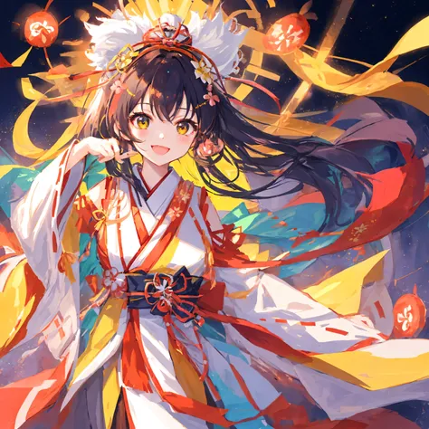 A Japanese goddess with long hair , cute idol - style face , wearing a miko - style outfit , shown from the thing up , looking cheerful and expressive , centered composition , clean background , no background perfect for LINE stickers , anime style , high ...