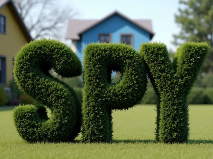 Meticulously manicured juniper bushes in the shape of the word SPY,  with a blue house behind it. Icon style. Ultra-realistic, photo-realistic, cinematic photography, hyperrealistic,  3D rendered realism, UHDR, high-res, physically-based rendering, extreme...