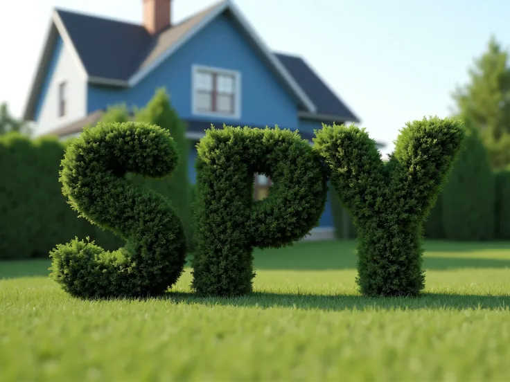 Meticulously manicured juniper bushes in the shape of the word SPY,  with a blue house behind it. Icon style. Ultra-realistic, photo-realistic, cinematic photography, hyperrealistic,  3D rendered realism, UHDR, high-res, physically-based rendering, extreme...