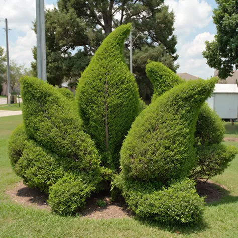 Meticulously manicured juniper bushes in the shape of marijuana leaves. Ultra-realistic, photo-realistic, cinematic photography, hyperrealistic,  3D rendered realism, UHDR, high-res, physically-based rendering, extreme attention to detail, highly imaginati...