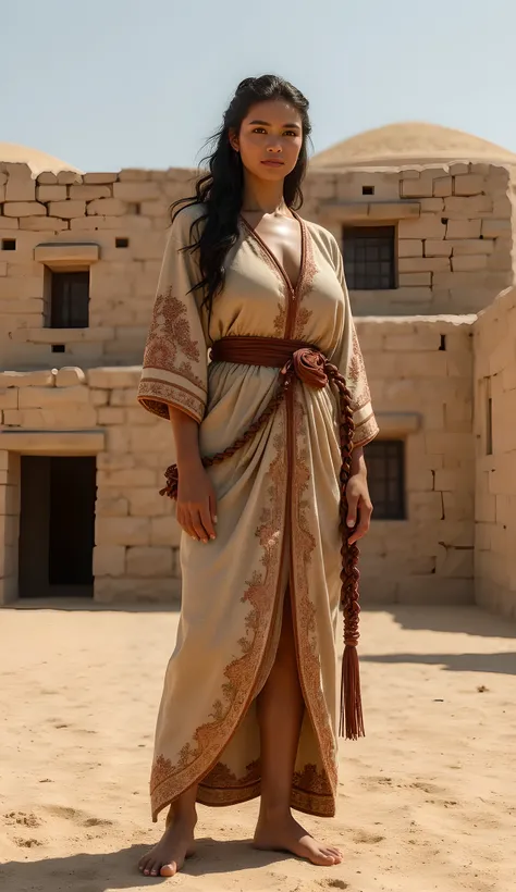 ((best quality)), ((masterpiece)), (detailed), 1girl, Ancient Mesopotamia era,ancient village,((unreal_engine5:1.2)),symmetrically balanced close-up angle image composition,an Assyrian busty woman standing,(wearing a kimono linen exotic gown),(a realistica...