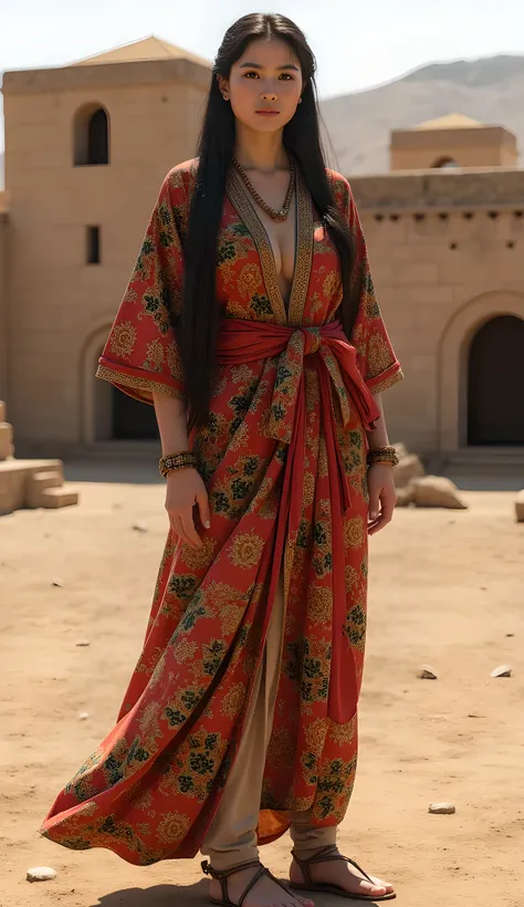 ((best quality)), ((masterpiece)), (detailed), 1girl, Ancient Mesopotamia era,ancient village,((unreal_engine5:1.2)),symmetrically balanced close-up angle image composition,an Assyrian busty woman standing,(wearing a kimono linen exotic gown),(a realistica...