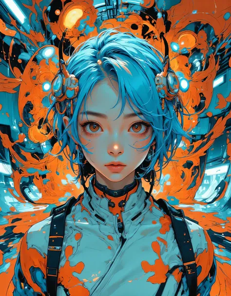 A realistic and photorealistic illustration. A depiction of the upper body of a futuristic woman with short, messy light blue hair. Alone. The woman is gazing blankly at the viewer. The background is a colorful composition with three-dimensional, detailed ...