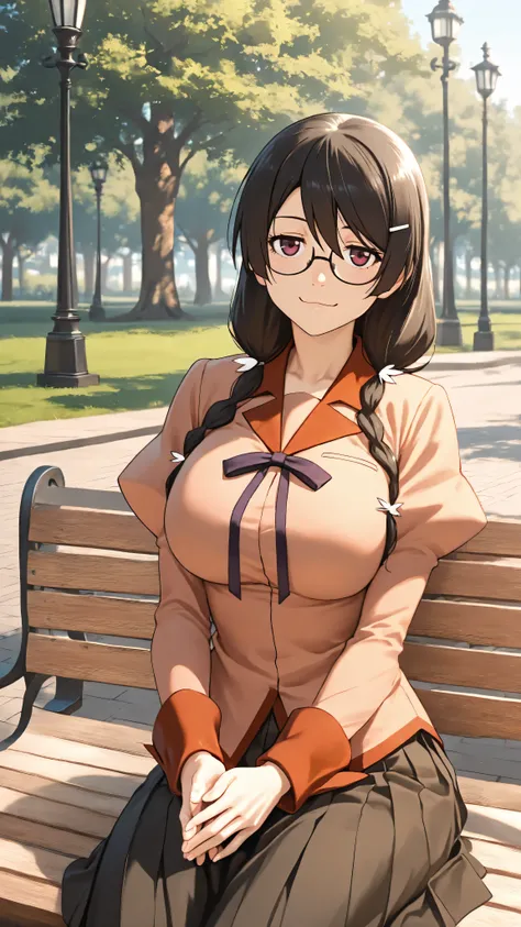 <lora:illustrious_XL_hanekawa_v2:0.8>,hanekawa,masterpiece,best quality,good quality,1girl,solo,naoetsu_high_school_uniform,long_sleeves,day,park,lamppost,sitting,hands together,fingers_together,cowboy_shot,looking_at_viewer,smirk,jitome,:3,