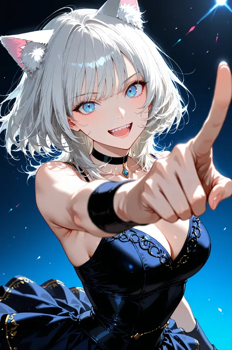 (8k, Highest Quality, masterpiece: 1.2),upper body,dynamic pose, Silver Hair、sharp and intelligent blue eyes,tallでスラリとした体型、Graceful and graceful appearance,Mens Medium Hair,smooth hair,tall,show my white teeth and laugh,Dance Party,velvet skirt,The chin is...