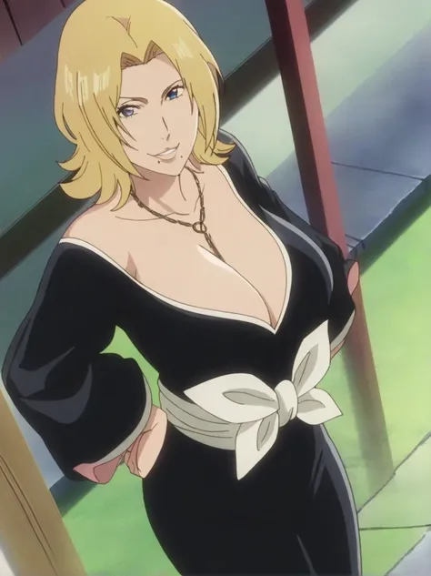 傑作、best quality、best resolution、best image quality、amazing quality、 very aesthetic、 absurdres、anime coloring、anime screencap、anime screenshot、1woman 、  <lora:Rangiku_TYBW_iL:1> 、  rangiku matsumoto 、solo 、blonde hair 、short hair 、blue eyes 、Hair between th...