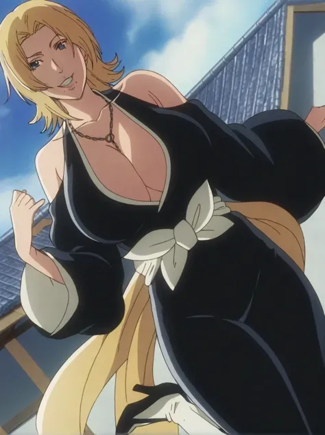 傑作、best quality、best resolution、best image quality、amazing quality、 very aesthetic、 absurdres、anime coloring、anime screencap、anime screenshot、1woman 、  <lora:Rangiku_TYBW_iL:1> 、  rangiku matsumoto 、solo 、blonde hair 、short hair 、blue eyes 、Hair between th...