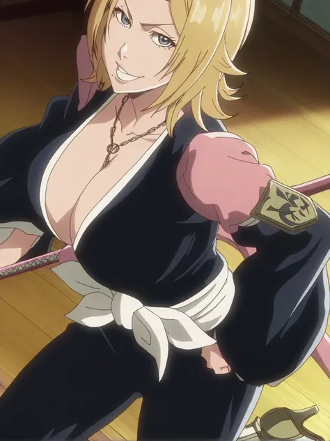 傑作、best quality、best resolution、best image quality、amazing quality、 very aesthetic、 absurdres、anime coloring、anime screencap、anime screenshot、1woman 、 <lora:Rangiku_TYBW_iL:1> 、 rangiku matsumoto 、solo 、blonde hair 、short hair 、blue eyes 、Hair between th...