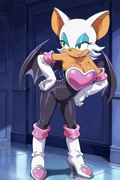 female, masterpiece, better quality, most recent, absurdres, rouge the bat, Seul, 1girl, femelle poilue, gants blanc-rose, combinaison noire, ailes de chauve-souris, yeux turquoise, pink heart breastplate, lipstick, chaussettes roses, bottes blanches, cliv...