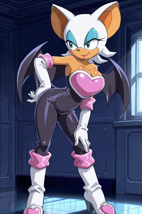 female, masterpiece, better quality, most recent, absurdres, rouge the bat, Seul, 1girl, femelle poilue, gants blanc-rose, combinaison noire, ailes de chauve-souris, yeux turquoise, pink heart breastplate, lipstick, chaussettes roses, bottes blanches, cliv...