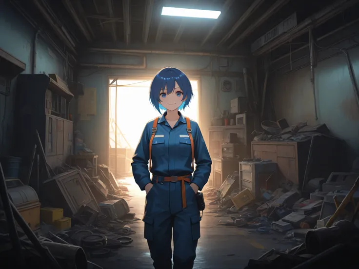one girl,Blue hair,short hair,Smile Yan,Mechanic Outfit,junk,Room,brighter lighting,is messy,High Quality,4K,Details Precise,HDR,professional