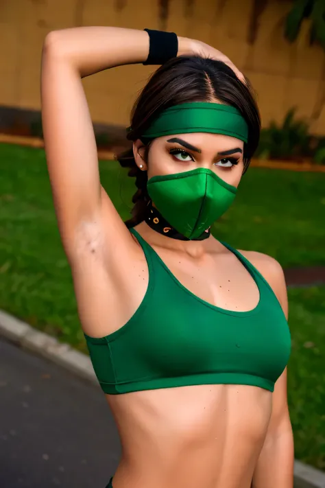 Jade, human woman with wheatish complexion,sleeveless.She has brown eyes and blackish blue clothing. Her hair is blackish brown in color; She is beautiful.Tsundere face.,mature appearance,armpits,sweat,sweaty,sweaty armpits,arms up,showing armpits,awesom...