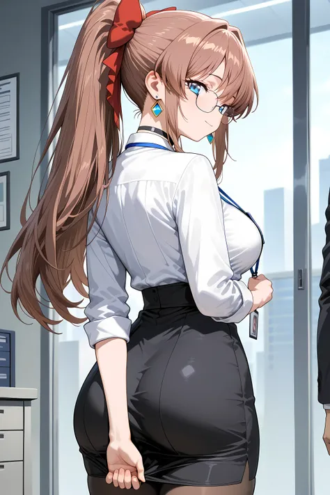 masterpiece, 4K, 8k, 16 kg, high resolution, absurd,Highest Quality, Amazing Quality, Newest, very aesthetic,source_anime,anime illustration,KanzakiaoiTB,long hair, brown hair,Ponytail,hair bow, Bang, Blue Eyes, medium breasts,earrings from behind, Glasses...