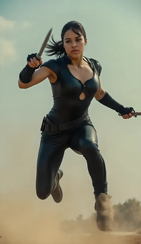 A strong, fierce warrior woman captured mid-air in a powerful jump, legs bent and spread in a dynamic, athletic pose that conveys motion and strength. She wears a short, tight black leather bodysuit with tactical cutouts that emphasize her muscular, thick ...