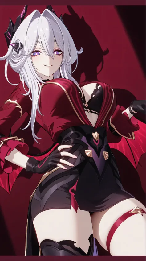 Thelema, clear purple irises and white pupils, smiling discreetly with a provocative expression pov at the bottom of her frontal view, her right hand resting on her body, her right hand held at the front, palm view