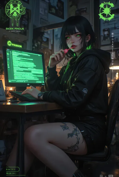 realistic, (1girl:1.5), hacker girl, sitting on the chair, computer on the table, code on computer screen, girl in black shorts and black top, masterpiece, full body view, high-tech atmosphere, (night cozy room backgroud:1.7), night time, lollipop in mouth...