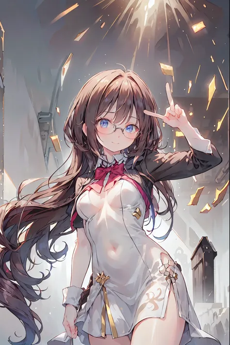 (((gold rimmed glasses))),(((Peace sign on face))),(((Bust Shot))),((face up)),((upper body)),((from below:1.2)),Dazzling gaze,Dignified Behavior,cowboy shot,big boobs,Long hair,Student Council President,School student council room,Student Charisma,Sharp E...