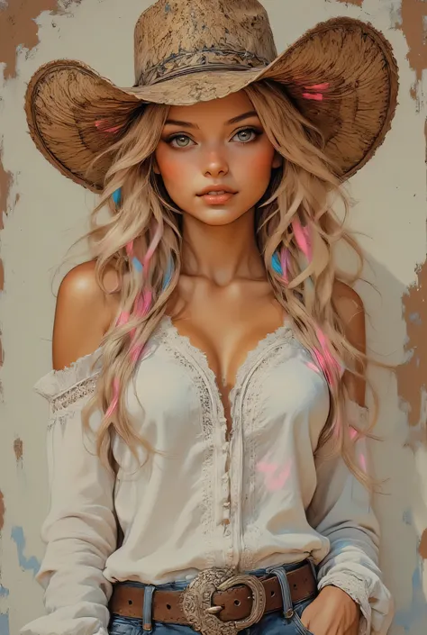 masterpiece, 8k resolution, ultra detailed, pastel color palette, beige skin surface, bright pink and light blue highlights. A woman wearing a large, brown cowboy hat with a detailed pattern. She has long, blonde hair and is dressed in a white lace bralett...