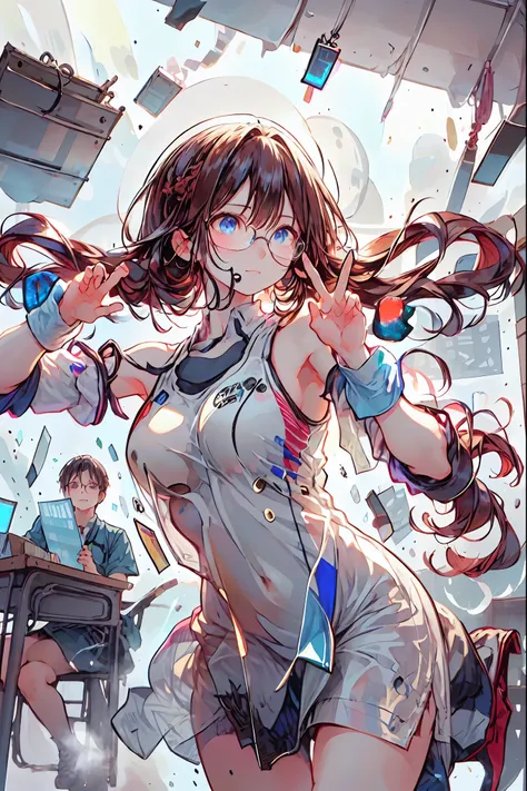 (((gold rimmed glasses))),(((Peace sign on face))),(((Bust Shot))),((face up)),((upper body)),((from below:1.2)),Dazzling gaze,Dignified Behavior,cowboy shot,big boobs,Long hair,Student Council President,School student council room,Student Charisma,Sharp E...