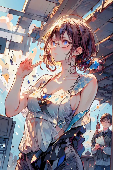 (((gold rimmed glasses))),(((Peace sign on face))),(((Bust Shot))),((face up)),((upper body)),((from below:1.2)),Dazzling gaze,Dignified Behavior,cowboy shot,big boobs,Long hair,Student Council President,School student council room,Student Charisma,Sharp E...