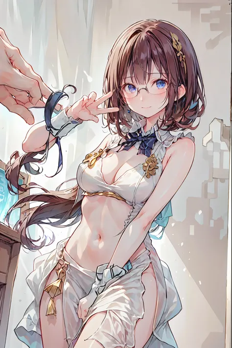 (((gold rimmed glasses))),(((Peace sign on face))),(((Bust Shot))),((face up)),((upper body)),((from below:1.2)),Dazzling gaze,Dignified Behavior,cowboy shot,big boobs,Long hair,Student Council President,School student council room,Student Charisma,Sharp E...