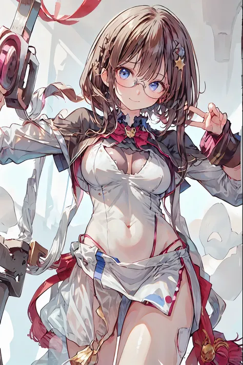 (((gold rimmed glasses))),(((Peace sign on face))),(((Bust Shot))),((face up)),((upper body)),((from below:1.2)),Dazzling gaze,Dignified Behavior,cowboy shot,big boobs,Long hair,Student Council President,School student council room,Student Charisma,Sharp E...