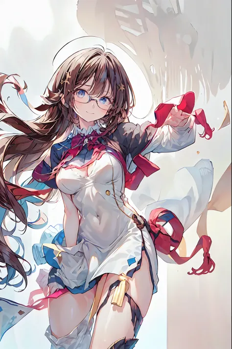 (((gold rimmed glasses))),(((Peace sign on face))),(((Bust Shot))),((face up)),((upper body)),((from below:1.2)),Dazzling gaze,Dignified Behavior,cowboy shot,big boobs,Long hair,Student Council President,School student council room,Student Charisma,Sharp E...
