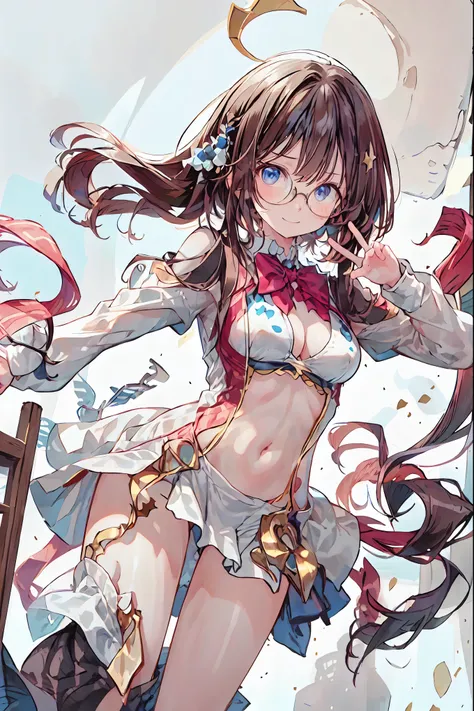 (((gold rimmed glasses))),(((Peace sign on face))),(((Bust Shot))),((face up)),((upper body)),((from below:1.2)),Dazzling gaze,Dignified Behavior,cowboy shot,big boobs,Long hair,Student Council President,School student council room,Student Charisma,Sharp E...