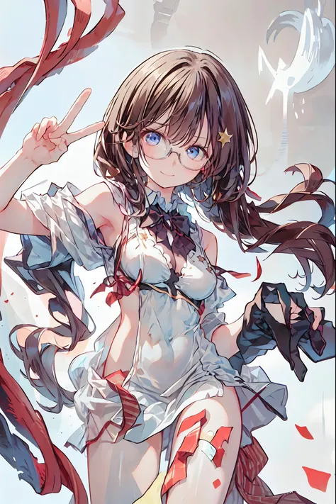 (((gold rimmed glasses))),(((Peace sign on face))),(((Bust Shot))),((face up)),((upper body)),((from below:1.2)),Dazzling gaze,Dignified Behavior,cowboy shot,big boobs,Long hair,Student Council President,School student council room,Student Charisma,Sharp E...
