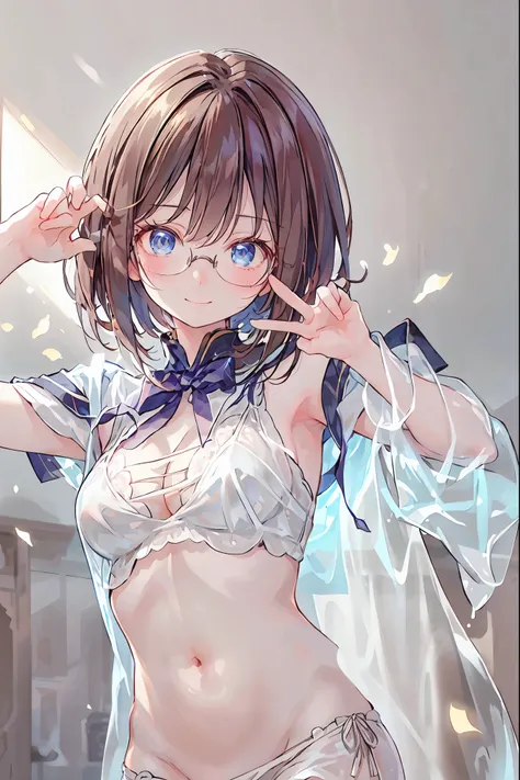 (((gold rimmed glasses))),(((Peace sign on face))),(((Bust Shot))),((face up)),((upper body)),((from below:1.2)),Dazzling gaze,Dignified Behavior,cowboy shot,big boobs,Long hair,Student Council President,School student council room,Student Charisma,Sharp E...