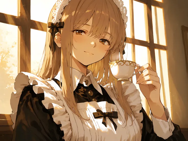 
A healing maid with a gentle smile, Soft Backlight, indoors where light shines in,  classical maid clothes with lots of frills , ruffle apron, headband, shoulder-length hair, A soft smile, bright brown eyes, Natural Poses, Small bow on chest, Teacup in ha...