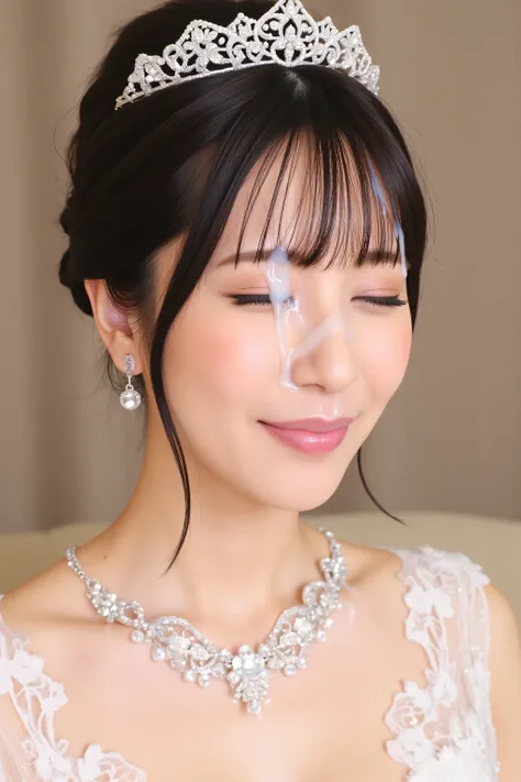 (Highest Quality、table top、8k、Highest Quality、winning work)、(lots of semen on her face:1.5)、(Japanese Beauty:1.2)、(beautiful faces:1.1)、(perfect beauty:1.1)、Big Boobs、(cleavage:1.1)、Dark Haired、(Alone:1.1)、(BEST WEDDING DRESS:1.2)、( perfect wedding lace ...