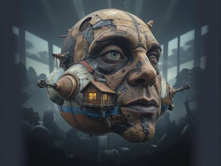 Slow morph style, ultra-realistic, photorealistic, ultra-detailed, 8k, high-res, hyper-realistic, dark fantasy art, face houseboat blend, experimental art, best quality, intricate details.