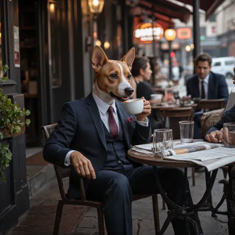 A dog wearing a suit and tie sits outside a restaurant at a table alone, drinking coffee, with a newspaper open on his table. He is talking to a group of people at another table. They all seem to be engaged in pleasant conversation together. All is complet...