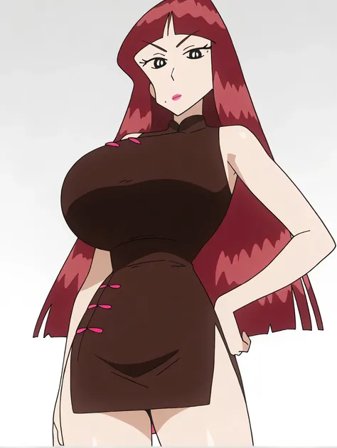 1girl,shiny skin,glistening skin,8k, ranomega, red hair, makeup, bangs , blunt bangs , very long hair, china dress , bare shoulders , sleeveless , huge breasts, BREAK
Sitting,tachi-e,side slit , hand on own hip , thighs , looking at viewer , mole under mou...
