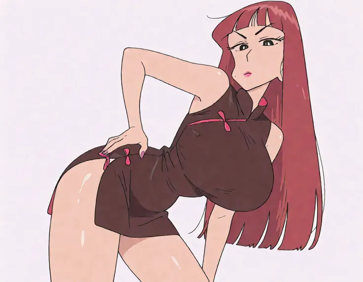 masterpiece masterpiece, ultra-HD, impressionism, high detail, best quality, very aesthetic, 8k, best quality, beautiful, anime coloring , Omega Ranran (Crayon Shin-chan) , solo , shiny skin , glistening skin , red hair, makeup , bangs , blunt bangs , very...