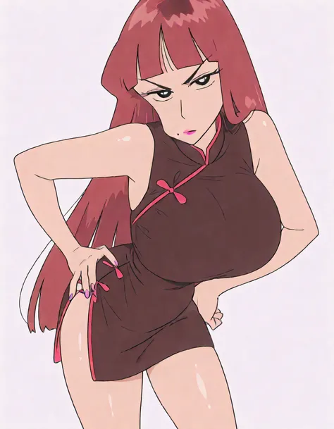 masterpiece masterpiece, ultra-HD, impressionism, high detail, best quality, very aesthetic, 8k, best quality, beautiful, anime coloring , Omega Ranran (Crayon Shin-chan) , shiny skin , glistening skin , red hair, makeup , bangs , blunt bangs , very long h...