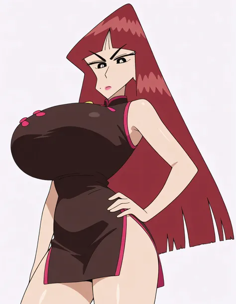 masterpiece masterpiece, ultra-HD, impressionism, high detail, best quality, very aesthetic, 8k, best quality, beautiful, anime coloring , Omega Ranran (Crayon Shin-chan) , shiny skin , glistening skin , red hair, makeup , bangs , blunt bangs , very long h...