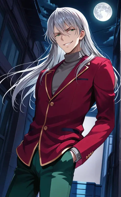 1male, solo, teenager, students, Gin, silver hair, long hair, evil grin, dark-green eyes, red blazer, grey turtleneck, green pants,  alley, night, moon, Classroom of the Elite style, 