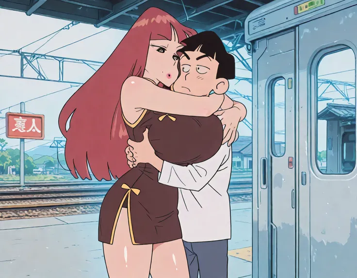 masterpiece masterpiece, ultra-HD, impressionism, high detail, best quality, very aesthetic, 8k, best quality, beautiful, anime coloring , 1 man , tiny man , old male , hug , grabbing her breast , face to face , Omega Ranran (Crayon Shin-chan) , shiny skin...
