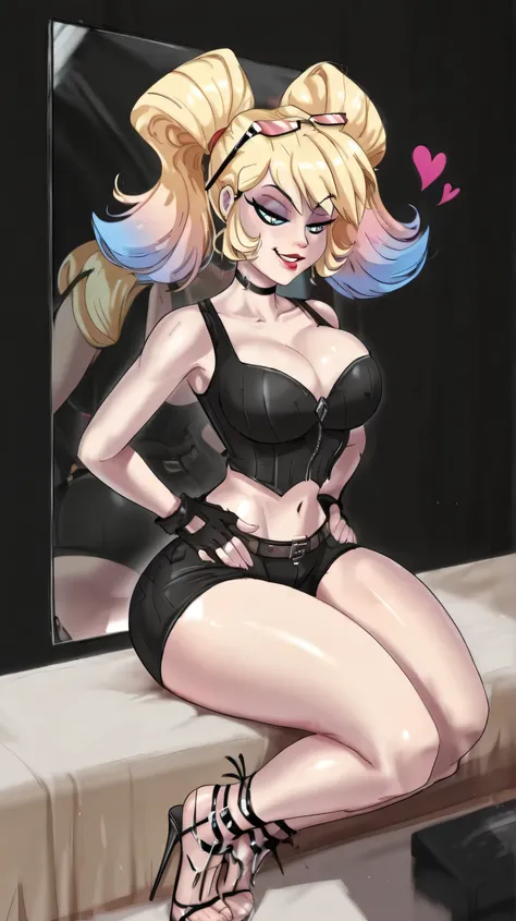 A girl is in front of a mirror putting on makeup,wearing creasing moon shape glasses, she is sitting applying lipstick to lips,toon \(style\), 1girl, harleyquinnrebirth, solo, large breasts, fingerless gloves, twintails, multicolored hair, blue eyes, cleav...