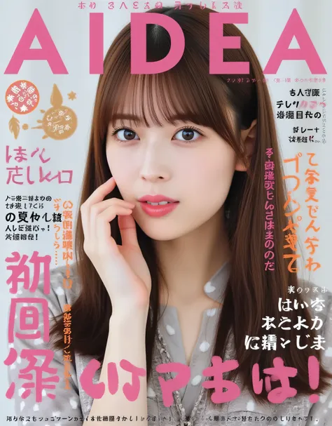 Cinematic photo. Cover of Japanese adult video "AIDEA POCKET". Japanese text and elements are laid out in a typical fashion magazine format. A young woman with fair, smooth skin and long, straight brown hair with bangs. Her slender figure adds to her sex a...