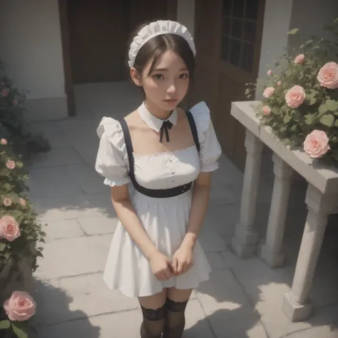 one girl、maids,Look at the audience,(skinny:1.04),(younger:1.03),from above,makes you lean forward,(big boobs:0.77),is watering flowers outside the mansion,japanese,(Smile Yang:0.24),black lace stockings
