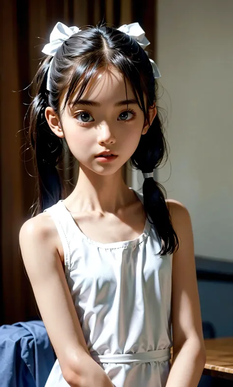 (LUXURY),((Photo Quality)),(slender body),Thin Arms,twin tails,white shoulders,((Highest Image Quality)),(elementary school student),girls,(perfect face),Tank Top