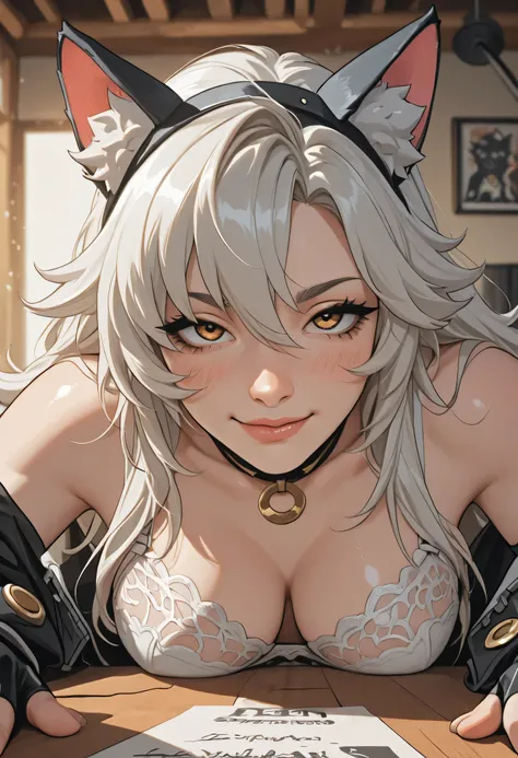 close-up anthro pulchra fellini zenless zone zero, exact face with cat ears smirk, black and white hair framing, pale furred cheeks, exact seductive eyes, wearing contract-ink lingerie, tempting lip-bite tease, intimate gaze direct, mercenary contract tabl...
