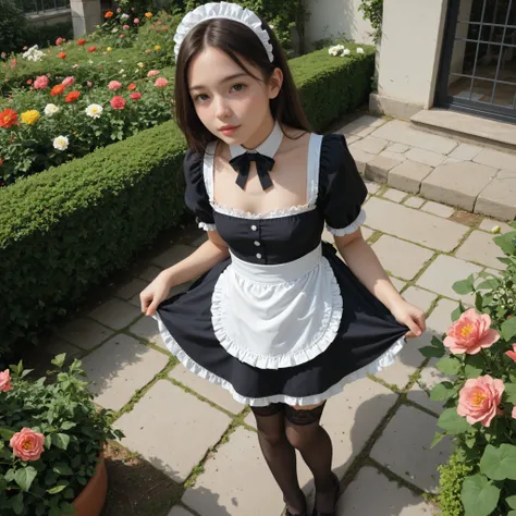 one girl、maids,Look at the audience,(skinny:0.64),(younger:0.60),from above,makes you lean forward,(big boobs:-0.38),is watering flowers outside the mansion,japanese,(Smile Yang:0.24),black lace stockings