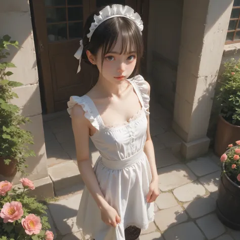 one girl、maids,Look at the audience,(skinny:1.13),(younger:0.53),from above,makes you lean forward,(big boobs:-0.22),is watering flowers outside the mansion,japanese,(Smile Yang:0.08),black lace stockings