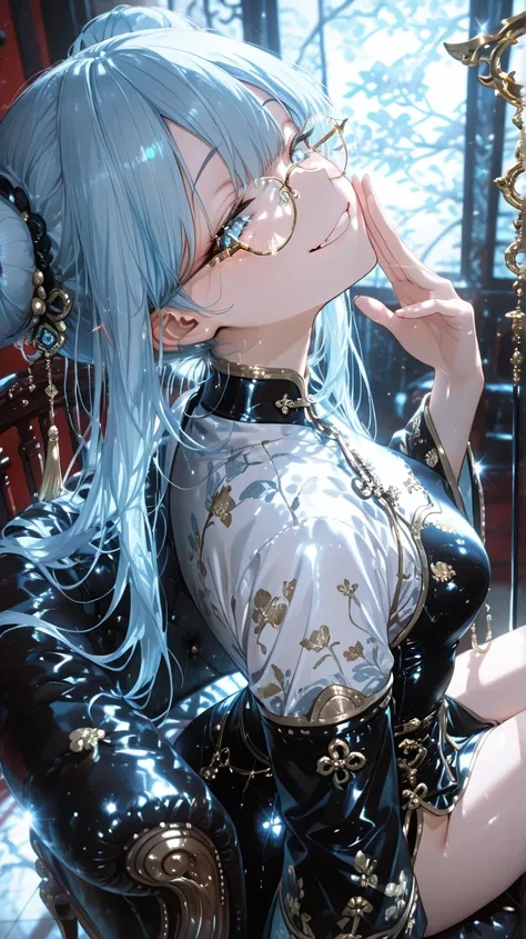 (close-up of face,sit on a chair,thick gold-rimmed glasses、Gold-rimmed glasses stand out、Gold-rimmed glasses shine、focus on glasses、Beautiful Light Reflected Through the Lens、
Pretty Short Light Blue Hair、 bend her neck 、light blue deep slit knee sleeve ch...